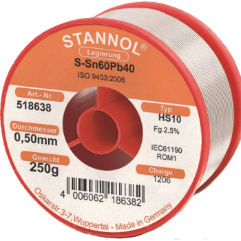 Stannol 60/40 HS10 Solder Wire 0.5mm 250gm Stannol 60/40 HS10 Solder Wire 0.5mm 250gm